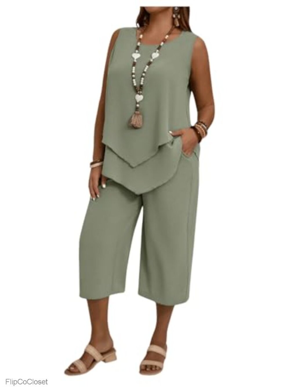 Plus Size 2 Piece Summer Outfit Sleeveless Tank Top & Capri Pants Set